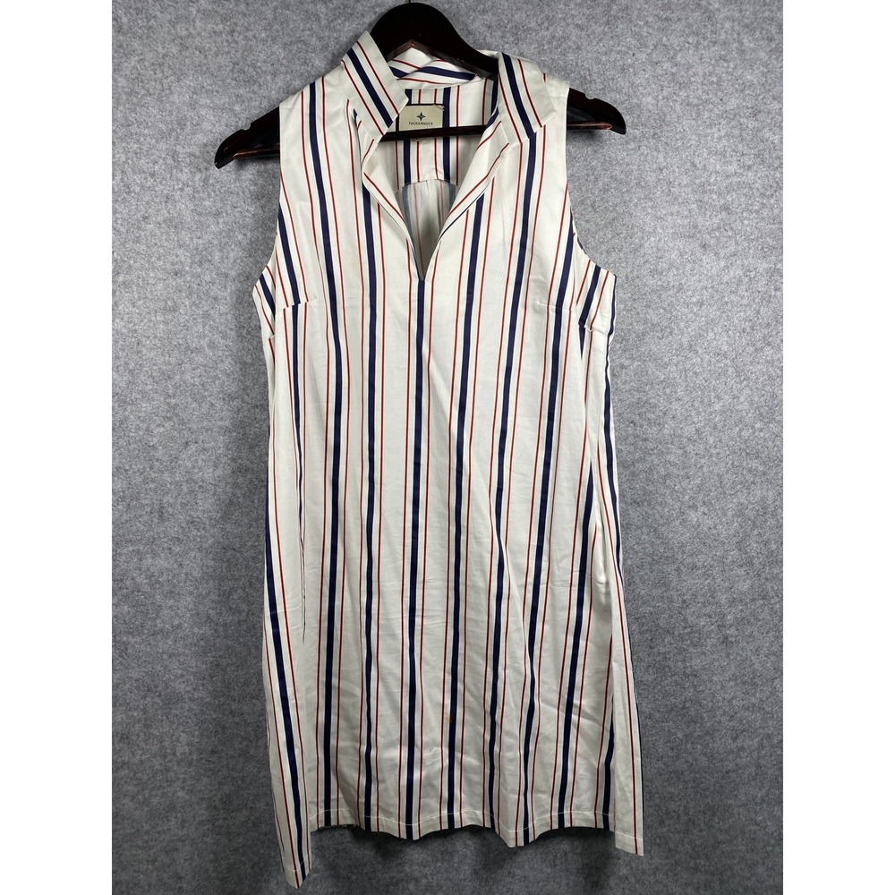 Tuckernuck Womens Sleeveless Shift Dress White Navy Red Striped V-Neck Size S